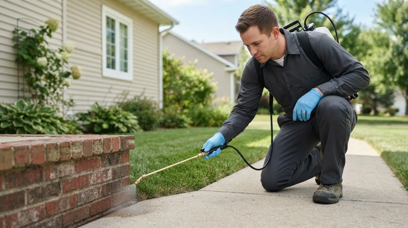 Pest control technician treating a home near Hudson, IL