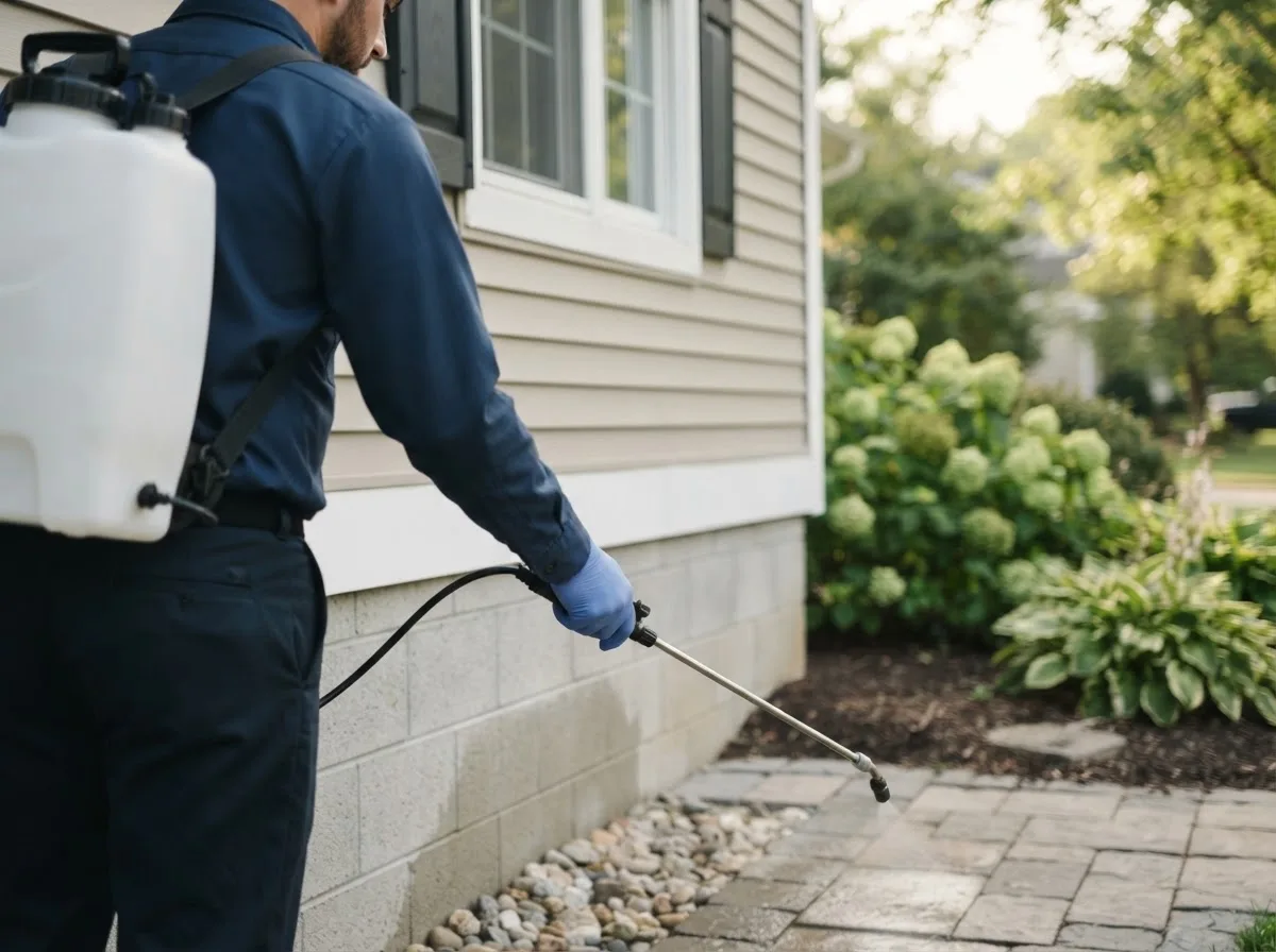 Pest control technician inspecting a home in Hudson, IL